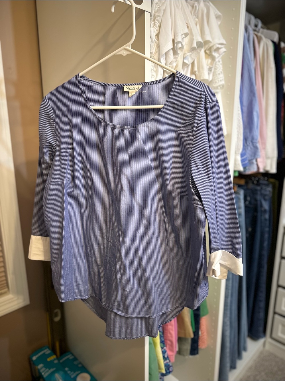 Massini Navy Pinstripe Tunic with White Contrast Cuffs